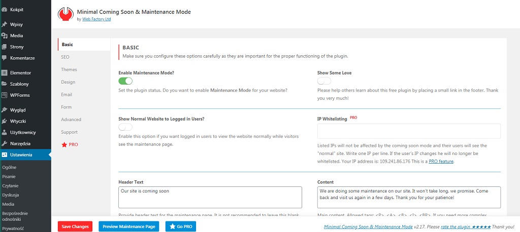 Minimal Coming Soon & Maintenance Mode: podstawowe ustawienia
