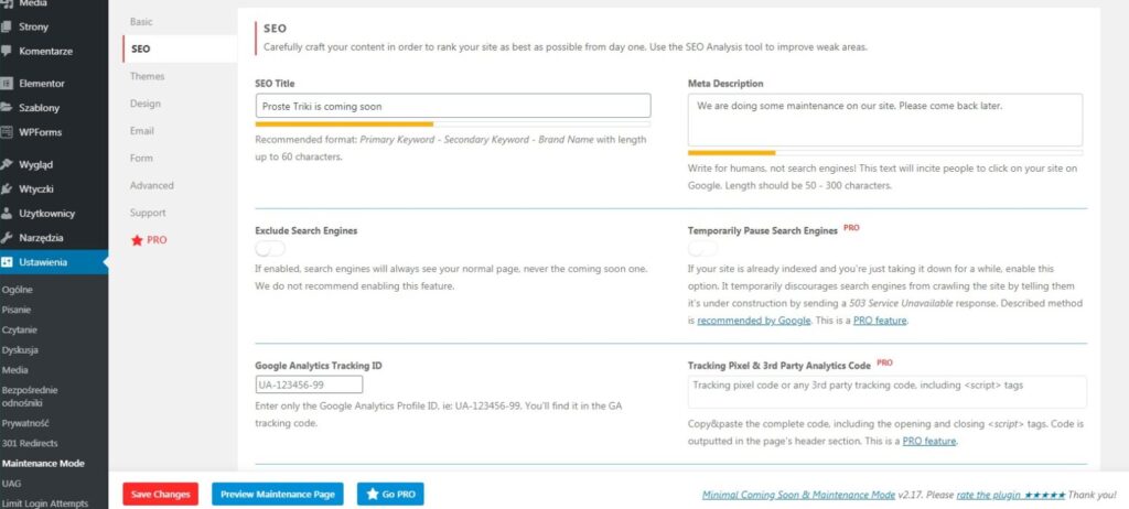 Minimal Coming Soon & Maintenance Mode: ustawienia SEO