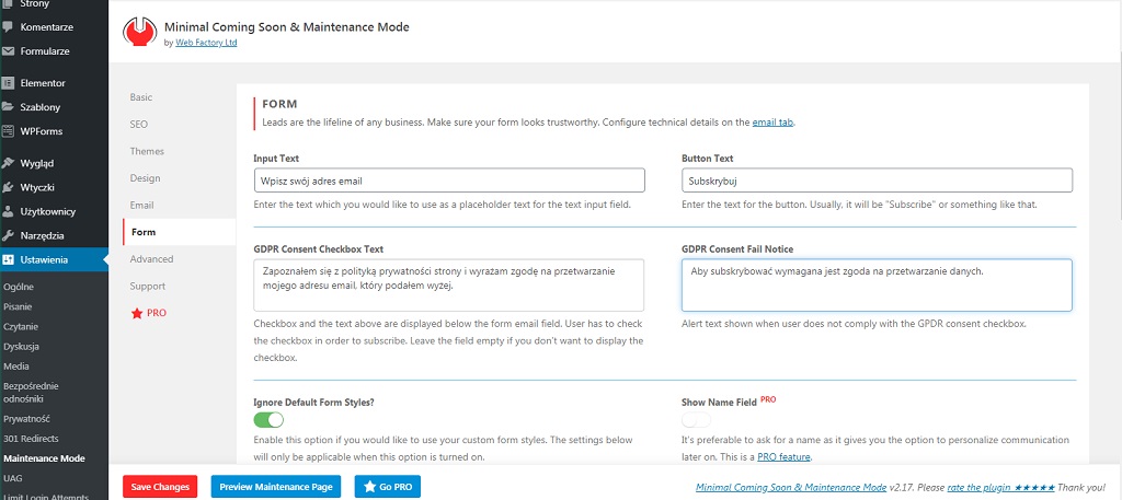 Minimal Coming Soon & Maintenance Mode: opisy do zapisu na newslettera