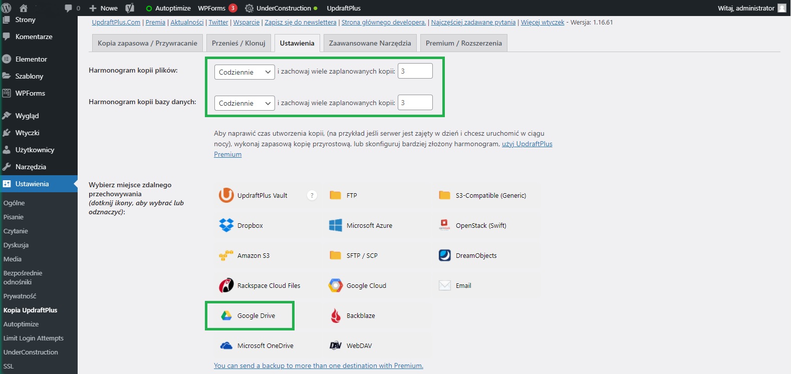 Ustawienia wtyczki UpdraftPlus WordPress kopia zapasowa strony backup strony automatyczny backup