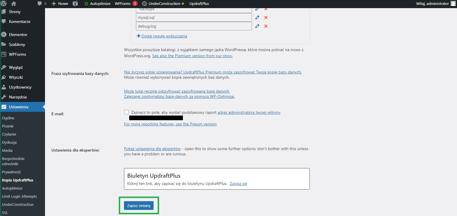 Zapisywanie ustawień wtyczki UpdraftPlus WordPress kopia zapasowa strony www bakcup strony automatyczny backup