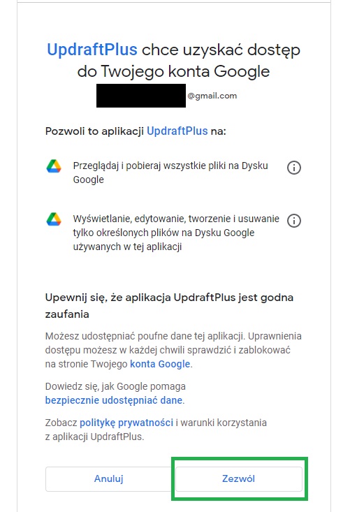 wtyczka updraftplus wordpress magazyn zdalny google drive