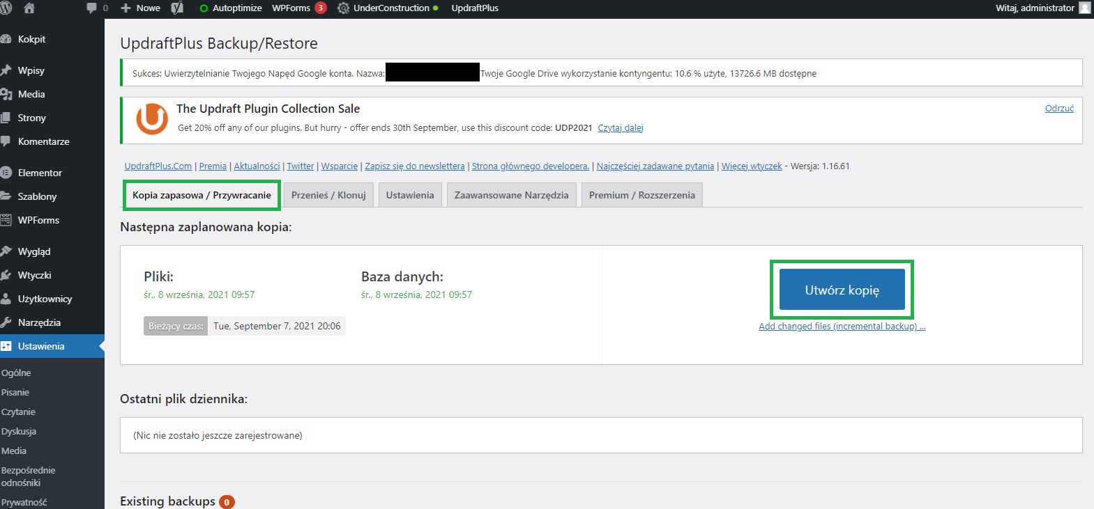 Tworzenie kopii zapasowej strony z wtyczką UpdraftPlus wordpress backup