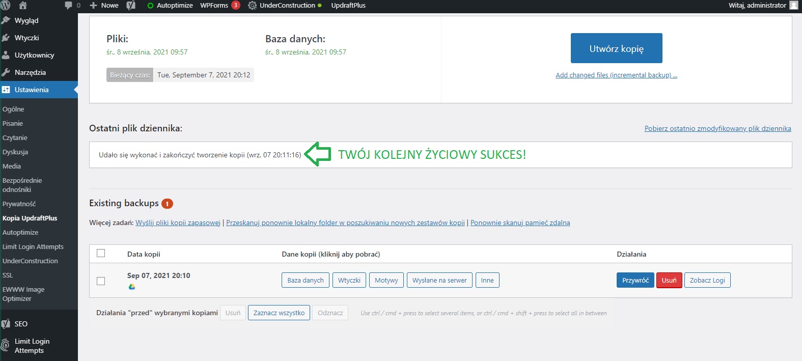 Tworzenie kopii zapasowej strony z wtyczką UpdraftPlus wordpress backup
