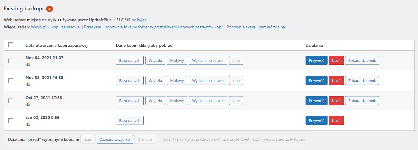 Przywrócenie strony - wtyczka UpdraftPlus backup kopia zapasowa strony WordPress