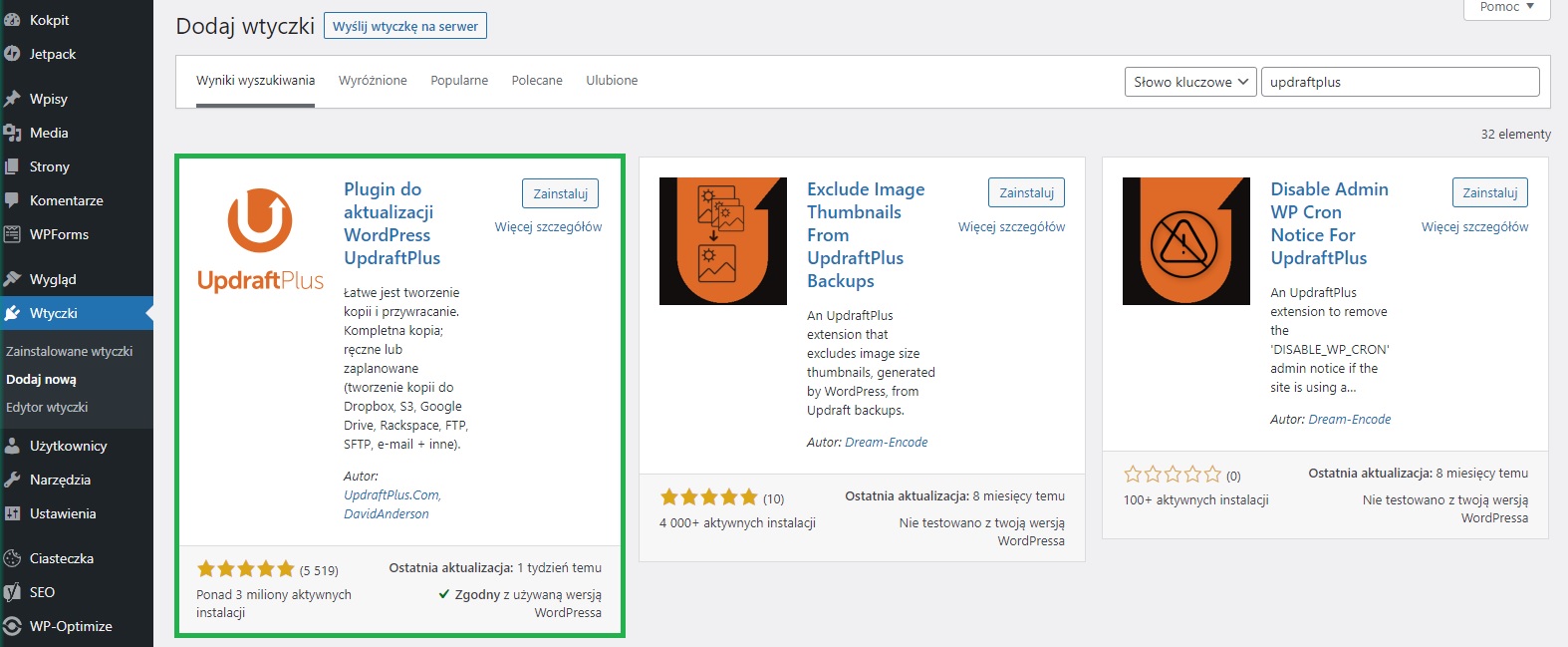 Instalacja wtyczki UpdraftPlus WordPress ejankowska.pl blog o wordpressie