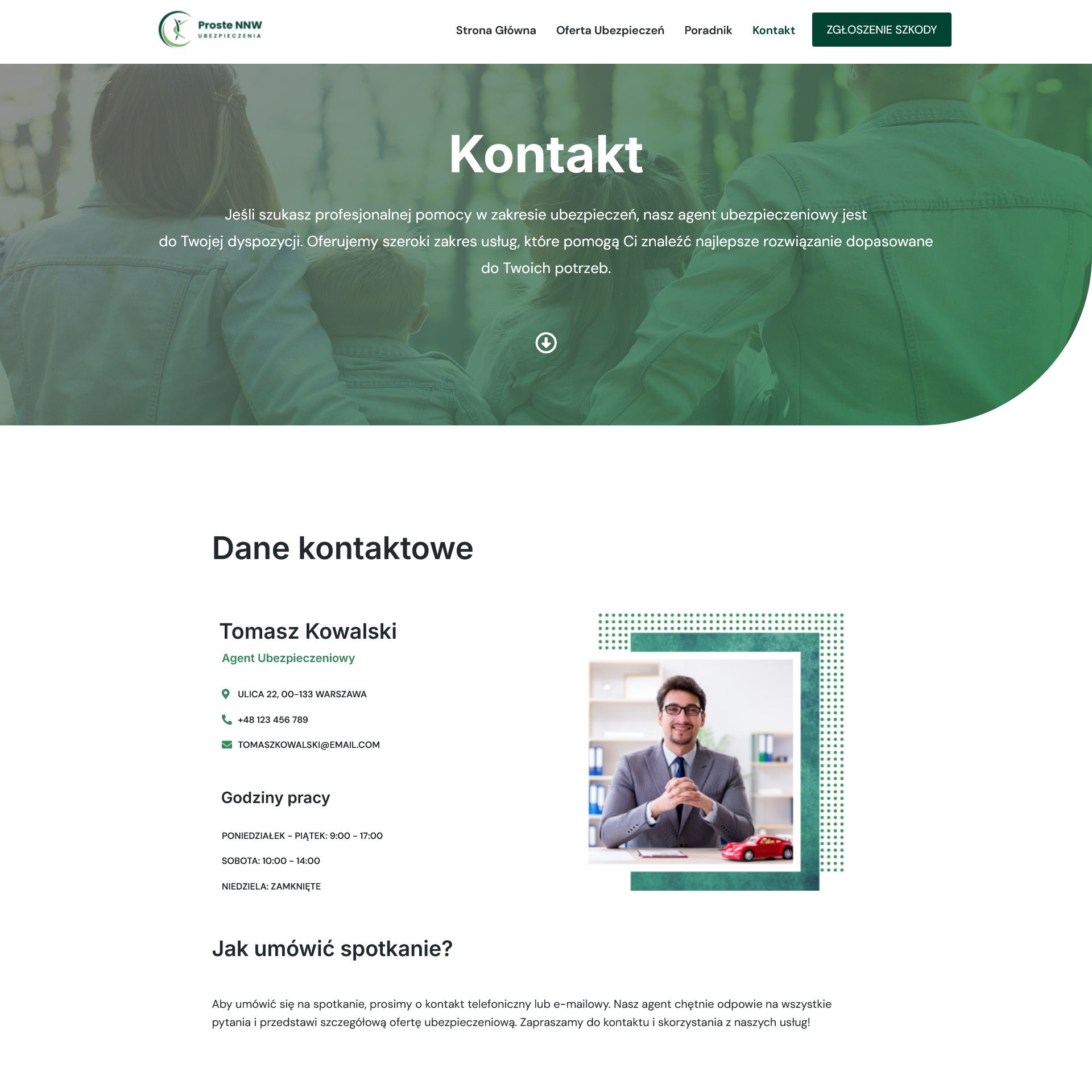 Strona wizytówka Ubezpieczenia - Kontakt. Projekt strony Design w sieci.